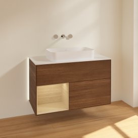 Тумба під раковину Villeroy & Boch Finion 100х50,1 см із підсвічуванням МДФ шпон волоського горіха/скло біле матове G651PCGN