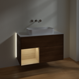 Тумба під раковину Villeroy & Boch Finion 100х50,1 см із підсвічуванням МДФ шпон волоського горіха/скло біле матове G651PCGN