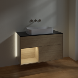 Тумба під раковину Villeroy & Boch Finion 100х50,1 см із підсвічуванням МДФ шпон дуба/скло чорне матове G652PCPC