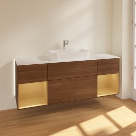 Тумба под раковину Villeroy & Boch Finion 160х50,1 см с подсветкой МДФ шпон грецкого ореха/стекло белое матовое G331HFGN