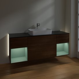 Тумба под раковину Villeroy & Boch Finion 160х50,1 см с подсветкой МДФ шпон грецкого ореха/стекло черное матовое G332GMGN