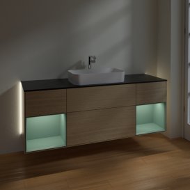 Тумба під раковину Villeroy & Boch Finion 160х50,1 см із підсвічуванням МДФ шпон дуба/скло чорне матове G332GMPC