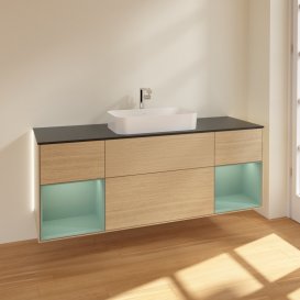 Тумба під раковину Villeroy & Boch Finion 160х50,1 см із підсвічуванням МДФ шпон дуба/скло чорне матове G332GMPC