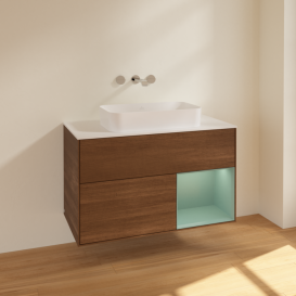 Тумба под раковину Villeroy & Boch Finion 100х50,1 см с подсветкой МДФ шпон грецкого ореха/стекло белое матовое F661GMGN