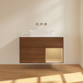 Тумба под раковину Villeroy & Boch Finion 100х50,1 см с подсветкой МДФ шпон грецкого ореха/стекло белое матовое F661PCGN