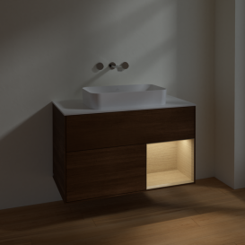 Тумба под раковину Villeroy & Boch Finion 100х50,1 см с подсветкой МДФ шпон грецкого ореха/стекло белое матовое F661PCGN