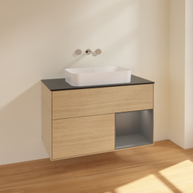 Тумба под раковину Villeroy & Boch Finion 100х50,1 см с подсветкой МДФ шпон дуба/стекло черное матовое F662GKPC