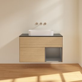 Тумба под раковину Villeroy & Boch Finion 100х50,1 см с подсветкой МДФ шпон дуба/стекло черное матовое F662GKPC