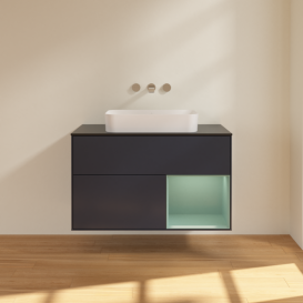 Тумба под раковину Villeroy & Boch Finion 100х50,1 см с подсветкой МДФ темно-синий матовый лак/стекло черное матовое F662GMHG