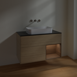 Тумба під раковину Villeroy & Boch Finion 100х50,1 см із підсвічуванням МДФ шпон дуба/скло чорне матове F662GNPC