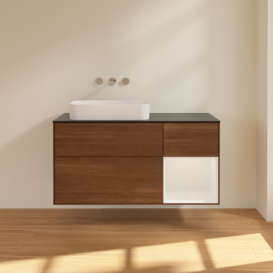 Тумба під раковину Villeroy & Boch Finion 120х50,1 см з підсвічуванням МДФ шпон волоського горіха/скло чорне матове F692GFGN