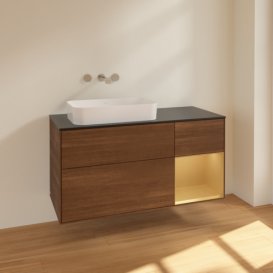 Тумба под раковину Villeroy & Boch Finion 120х50,1 см с подсветкой МДФ шпон грецкого ореха/стекло черное матовое F692HFGN