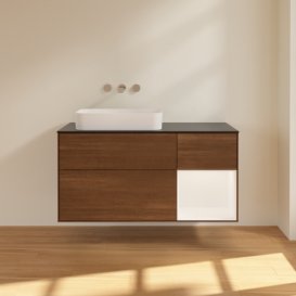 Тумба під раковину Villeroy & Boch Finion 120х50,1 см з підсвічуванням МДФ шпон волоського горіха/скло чорне матове F692MTGN