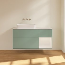 Тумба під раковину Villeroy & Boch Finion 120х50,1 см із підсвічуванням МДФ оливковий матовий лак/скло біле матове F691GFGM