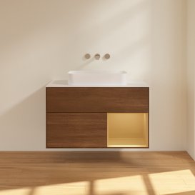 Тумба под раковину Villeroy & Boch Finion 100х50,1 см с подсветкой МДФ шпон грецкого ореха/стекло белое матовое G661HFGN