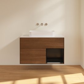 Тумба під раковину Villeroy & Boch Finion 100х50,1 см із підсвічуванням МДФ шпон волоського горіха/скло біле матове G661PDGN