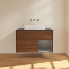 Тумба под раковину Villeroy & Boch Finion 100х50,1 см с подсветкой МДФ шпон грецкого ореха/стекло черное матовое G662GKGN