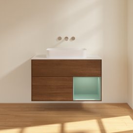 Тумба під раковину Villeroy & Boch Finion 100х50,1 см із підсвічуванням МДФ шпон волоського горіха/скло біле матове G661GMGN