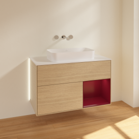 Тумба під раковину Villeroy & Boch Finion 100х50,1 см із підсвічуванням МДФ шпон дуба/скло біле матове G661HBPC