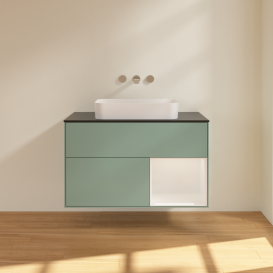 Тумба под раковину Villeroy & Boch Finion 100х50,1 см с подсветкой МДФ оливковый матовый лак/стекло черное матовое G662GFGM