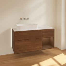 Тумба під раковину Villeroy & Boch Finion 120х50,1 см із підсвічуванням МДФ шпон волоського горіха/скло біле матове G691GNGN