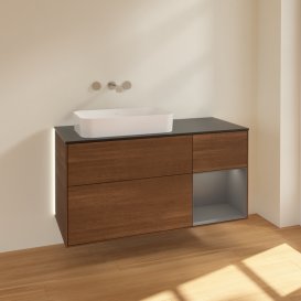 Тумба под раковину Villeroy & Boch Finion 120х50,1 см с подсветкой МДФ шпон грецкого ореха/стекло черное матовое G692GKGN