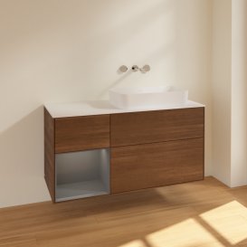 Тумба під раковину Villeroy & Boch Finion 120х50,1 см із підсвічуванням МДФ шпон волоського горіха/скло біле матове F681GKGN