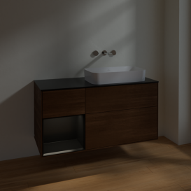 Тумба під раковину Villeroy & Boch Finion 120х50,1 см із підсвічуванням МДФ шпон волоського горіха/скло чорне матове F682PDGN