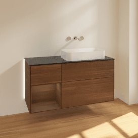 Тумба під раковину Villeroy & Boch Finion 120х50,1 см із підсвічуванням МДФ шпон волоського горіха/скло чорне матове G682GNGN
