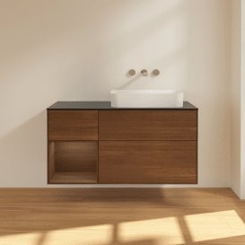 Тумба під раковину Villeroy & Boch Finion 120х50,1 см із підсвічуванням МДФ шпон волоського горіха/скло чорне матове G682GNGN