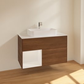 Тумба під раковину Villeroy & Boch Finion 100х50,1 см із підсвічуванням МДФ шпон волоського горіха/скло біле матове F361GFGN