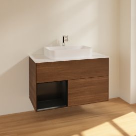 Тумба під раковину Villeroy & Boch Finion 100х50,1 см із підсвічуванням МДФ шпон волоського горіха/скло біле матове F361PDGN