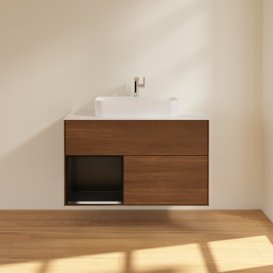 Тумба під раковину Villeroy & Boch Finion 100х50,1 см із підсвічуванням МДФ шпон волоського горіха/скло біле матове F361PDGN