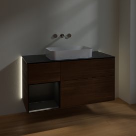 Тумба під раковину Villeroy & Boch Finion 120х50,1 см з підсвічуванням МДФ шпон волоського горіха/скло чорне матове G702PDGN