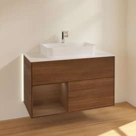 Тумба под раковину Villeroy & Boch Finion 100х50,1 см с подсветкой МДФ шпон грецкого ореха/стекло белое матовое G361GNGN