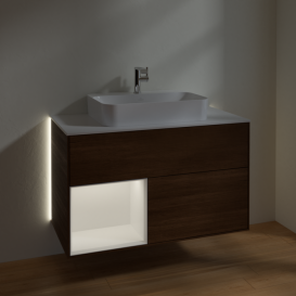 Тумба під раковину Villeroy & Boch Finion 100х50,1 см із підсвічуванням МДФ шпон волоського горіха/скло біле матове G361MTGN