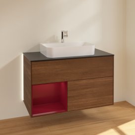 Тумба под раковину Villeroy & Boch Finion 100х50,1 см с подсветкой МДФ шпон грецкого ореха/стекло черное матовое G362HBGN