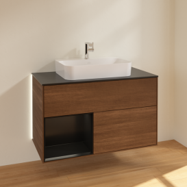 Тумба під раковину Villeroy & Boch Finion 100х50,1 см із підсвічуванням МДФ шпон волоського горіха/скло чорне матове G362PDGN