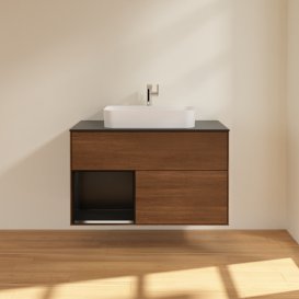 Тумба під раковину Villeroy & Boch Finion 100х50,1 см із підсвічуванням МДФ шпон волоського горіха/скло чорне матове G362PDGN