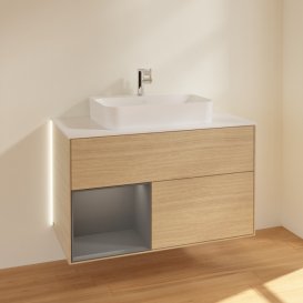 Тумба під раковину Villeroy & Boch Finion 100х50,1 см із підсвічуванням МДФ шпон дуба/скло біле матове G361GKPC