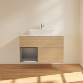 Тумба під раковину Villeroy & Boch Finion 100х50,1 см із підсвічуванням МДФ шпон дуба/скло біле матове G361GKPC