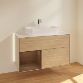 Тумба під раковину Villeroy & Boch Finion 100х50,1 см із підсвічуванням МДФ шпон дуба/скло біле матове G361GNPC