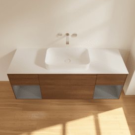 Тумба під раковину Villeroy & Boch Finion 160х50,1 см із підсвічуванням МДФ шпон волоського горіха/скло біле матове F741GKGN
