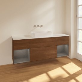 Тумба під раковину Villeroy & Boch Finion 160х50,1 см із підсвічуванням МДФ шпон волоського горіха/скло біле матове F741GKGN
