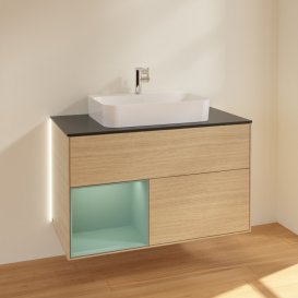 Тумба под раковину Villeroy & Boch Finion 100х50,1 см с подсветкой МДФ шпон дуба/стекло черное матовое G362GMPC