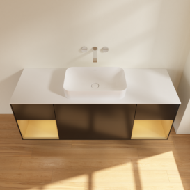 Тумба под раковину Villeroy & Boch Finion 160х50,1 см с подсветкой МДФ черный матовый лак/стекло белое матовое F741HFPD