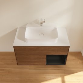 Тумба под раковину Villeroy & Boch Finion 100х50,1 см с подсветкой МДФ шпон грецкого ореха/стекло белое матовое F371PDGN