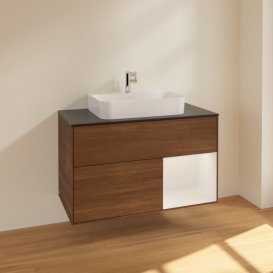 Тумба під раковину Villeroy & Boch Finion 100х50,1 см із підсвічуванням МДФ шпон волоського горіха/скло чорне матове F372GFGN