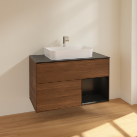 Тумба під раковину Villeroy & Boch Finion 100х50,1 см із підсвічуванням МДФ шпон волоського горіха/скло чорне матове F372PDGN