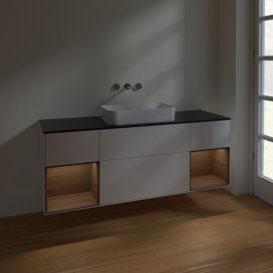 Тумба під раковину Villeroy & Boch Finion 160х50,1 см з підсвічуванням МДФ білий глянцевий лак/скло чорне матове F742GNGF